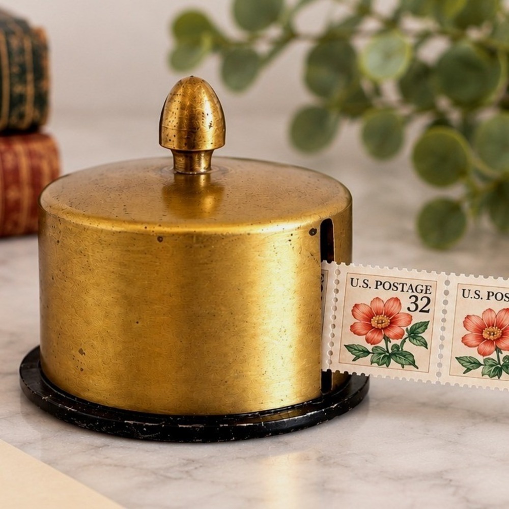 Vintage Solid Brass Stamp Holder Dispenser Round Paperweight Desk Accessory 2"